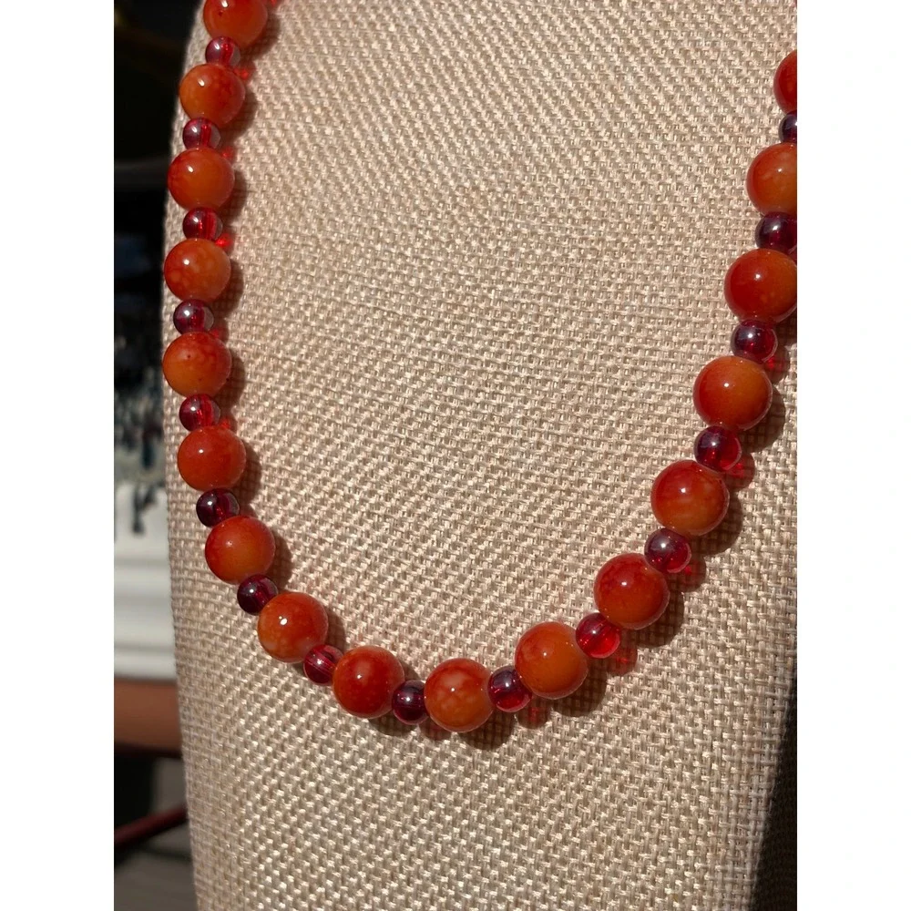 Handmade Orange Glass Bead Necklace Red Accents Gold Tone Lobster Clasp Boho